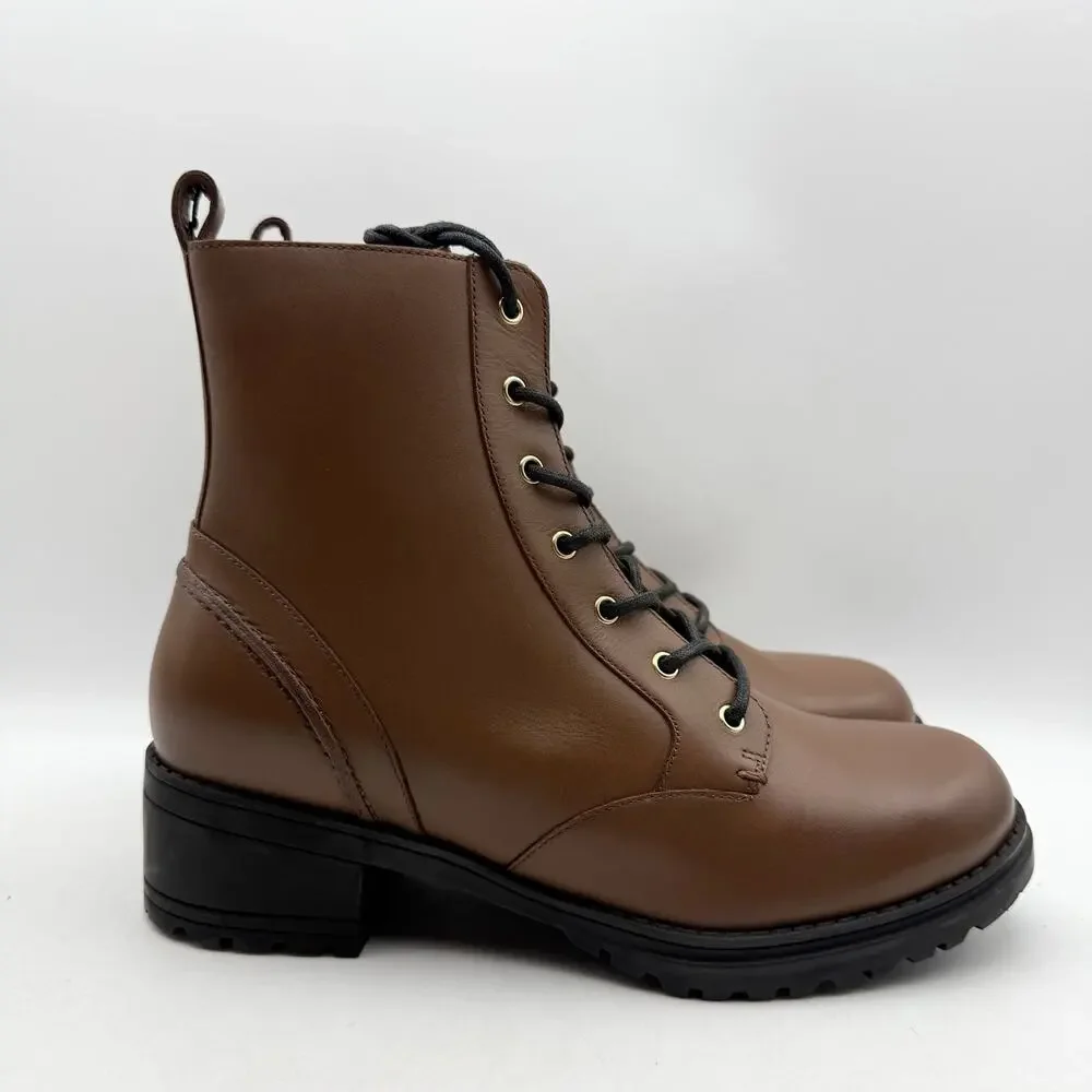 Cole Haan Womens Camea Combat Boots US 7 Brown Leather Zip Side Waterproof NWOB - Picture 3 of 12